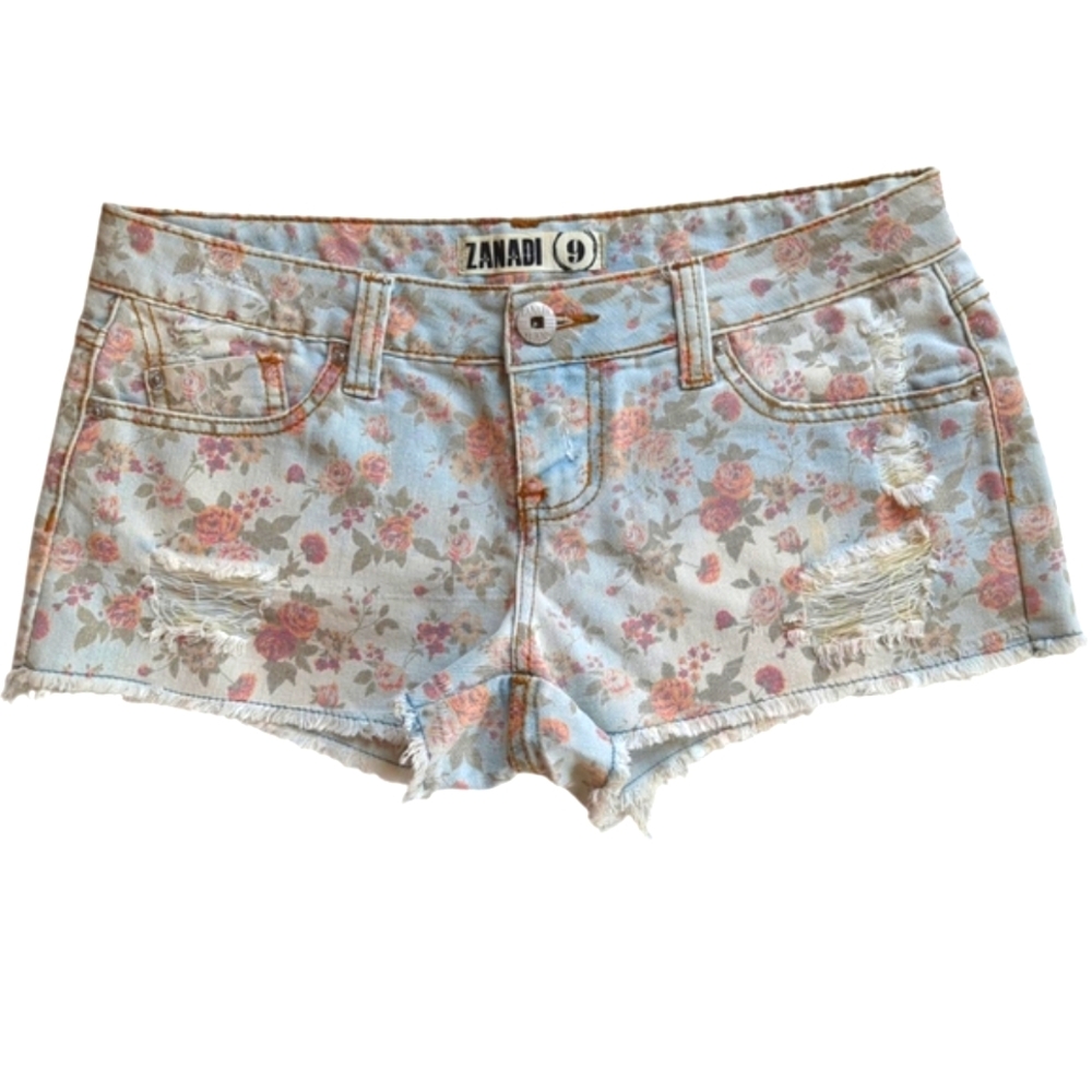 Zanadi Floral Distressed Frayed Hem Shortie Shorts Junior 9 Blue Pink FLAWS